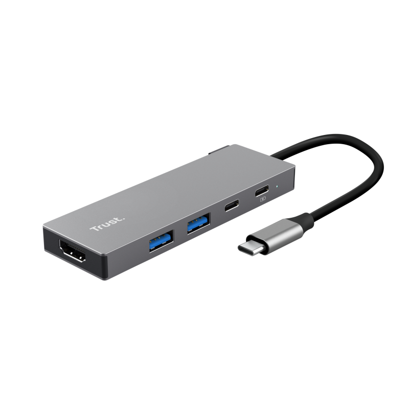 Adaptor Trust Dalyx 5-in-1 USB-C 3.2 gen 1, lungime cablu 10cm, gri