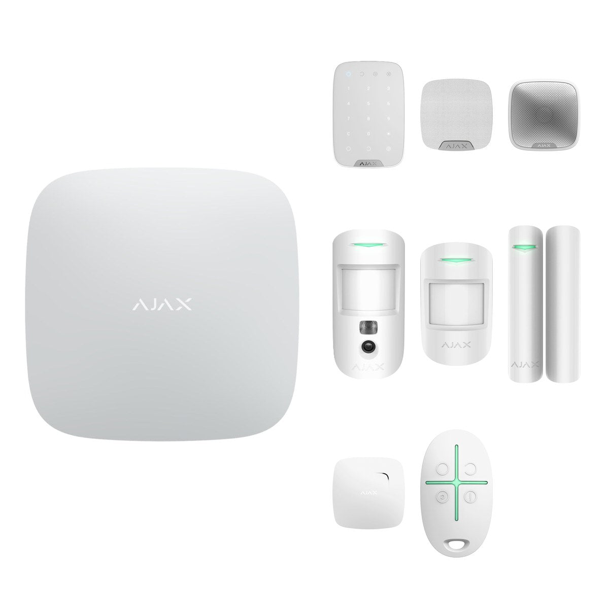 Kit alarmă wireless Ajax Hub 2 (4G) pentru casă și birou mic, cu tastatură, 2 sirene, MotionCam, 4 detectori de mișcare, 9 contacte, 2 detectori de fum și 3 telecomenzi