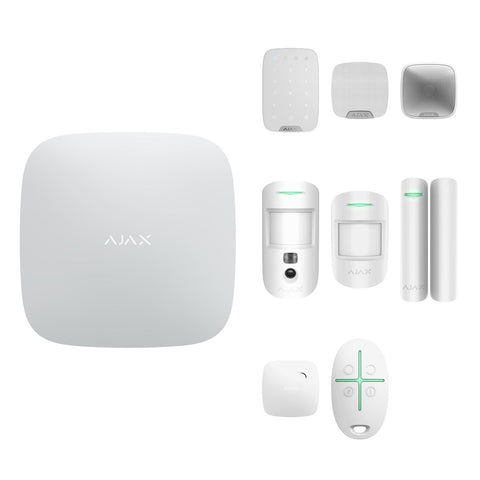 Kit alarmă wireless Ajax Hub 2 (4G) pentru casă și birou mic, cu tastatură, 2 sirene, MotionCam, 4 detectori de mișcare, 9 contacte, 2 detectori de fum și 3 telecomenzi