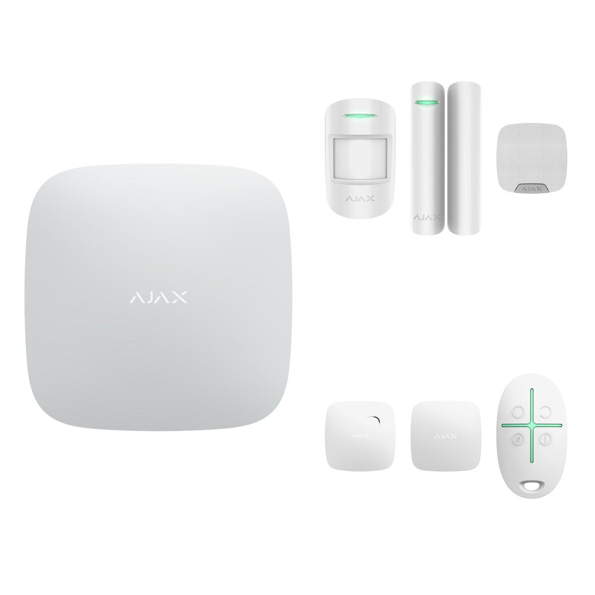 Kit alarmă wireless Ajax Hub (2G) cu detector de mișcare, contact magnetic, sirenă de interior, detector de fum, detector de inundație și telecomandă
