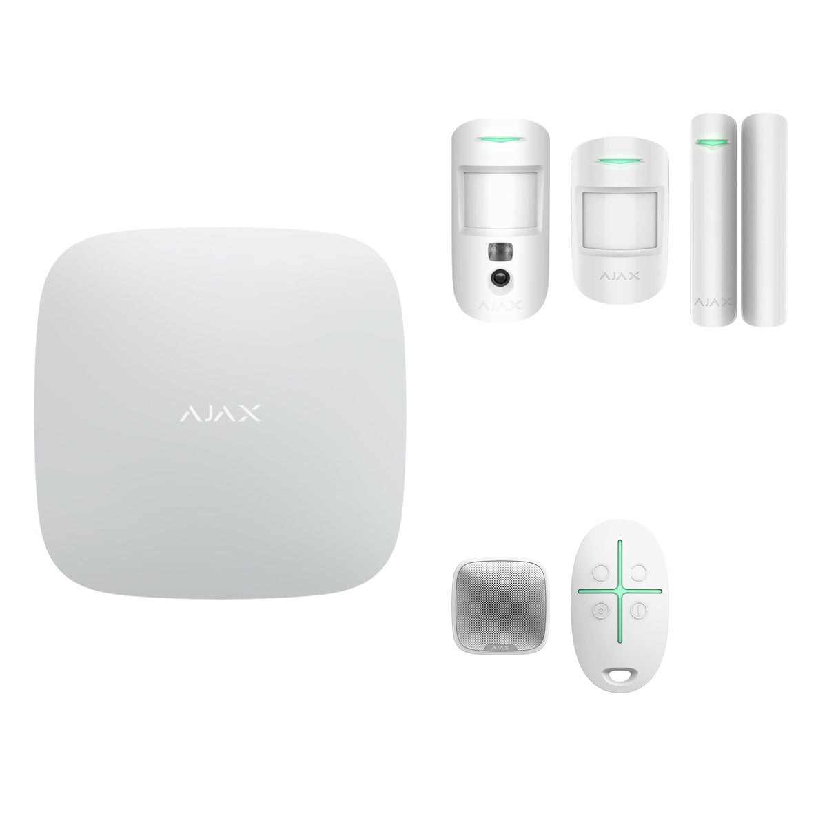 Kit alarmă wireless Ajax Hub 2 (2G) cu MotionCam, 2 detectori de mișcare, contact magnetic, sirenă de exterior și 2 telecomenzi