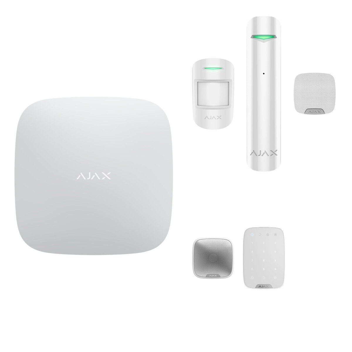 Kit alarmă wireless Ajax Hub (2G) cu tastatură, sirenă de interior și exterior, 2 detectori de mișcare și detector de geam spart