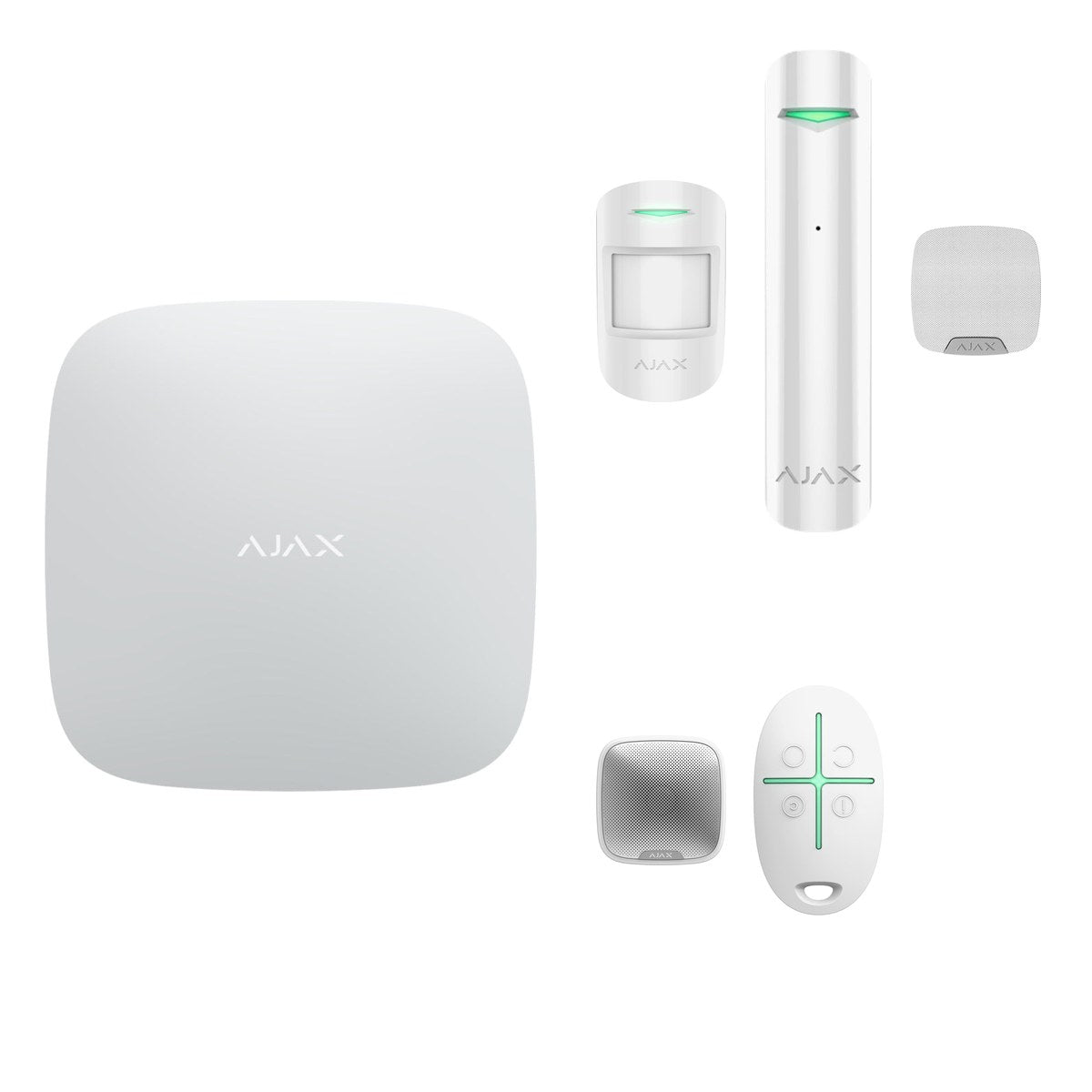 Kit alarmă wireless Ajax Hub (2G) cu sirenă de interior și exterior, 2 detectori de mișcare, detector de geam spart și 2 telecomenzi