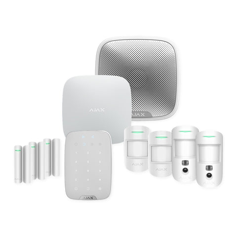 Kit alarmă wireless Ajax Hub 2 (4G) cu 2 detectori MotionCam cu foto, 2 detectori de mișcare, 3 contacte, tastatură KeyPad Plus și sirenă exterioară – casă