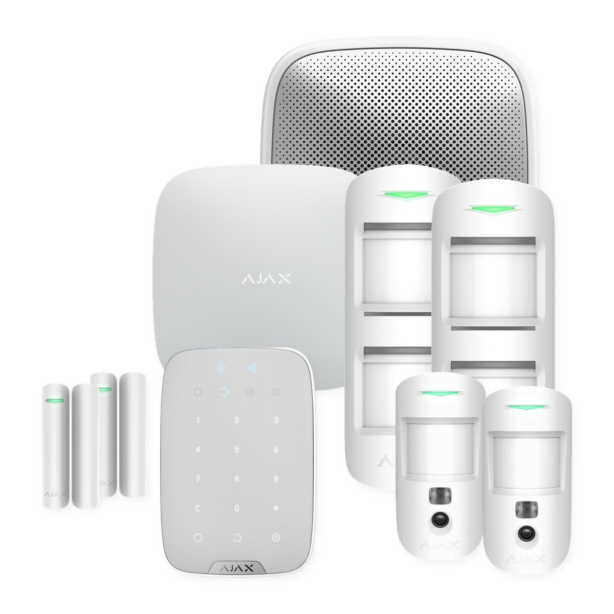 Kit alarmă wireless Ajax Hub 2 Plus cu 2 detectori de exterior MotionProtect Outdoor, 2 MotionCam, 2 contacte, KeyPad Plus și sirenă exterioară