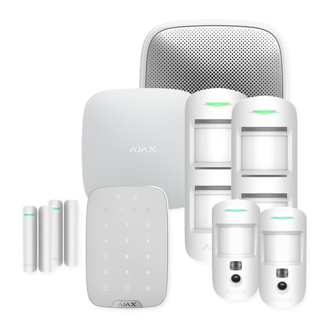Kit alarmă wireless Ajax Hub 2 Plus cu 2 detectori de exterior MotionProtect Outdoor, 2 MotionCam, 2 contacte, KeyPad Plus și sirenă exterioară
