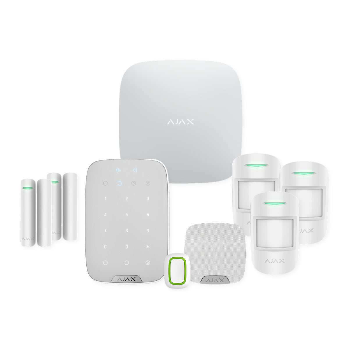 Kit alarmă wireless Ajax Hub 2 (4G) pentru birou sau magazin cu 3 detectori MotionProtect Plus, 2 contacte, KeyPad Plus, sirenă și buton de panică