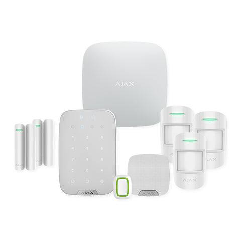 Kit alarmă wireless Ajax Hub 2 (4G) pentru birou sau magazin cu 3 detectori MotionProtect Plus, 2 contacte, KeyPad Plus, sirenă și buton de panică