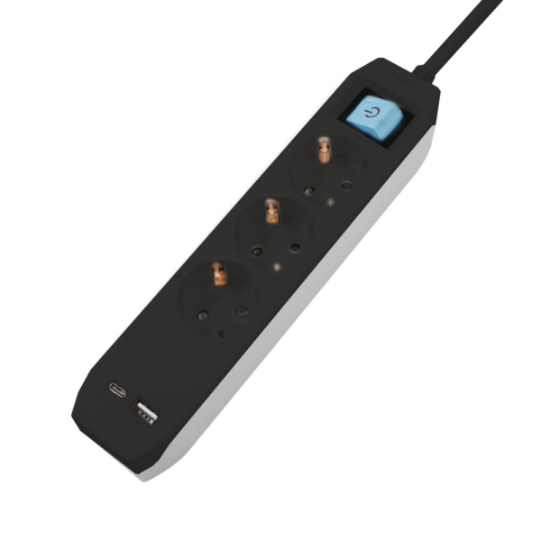 PRELUNGITOR SPACER, Schuko x 3, conectare prin Schuko (T),Type-C x1 (PP-3-45B-TC-USB)