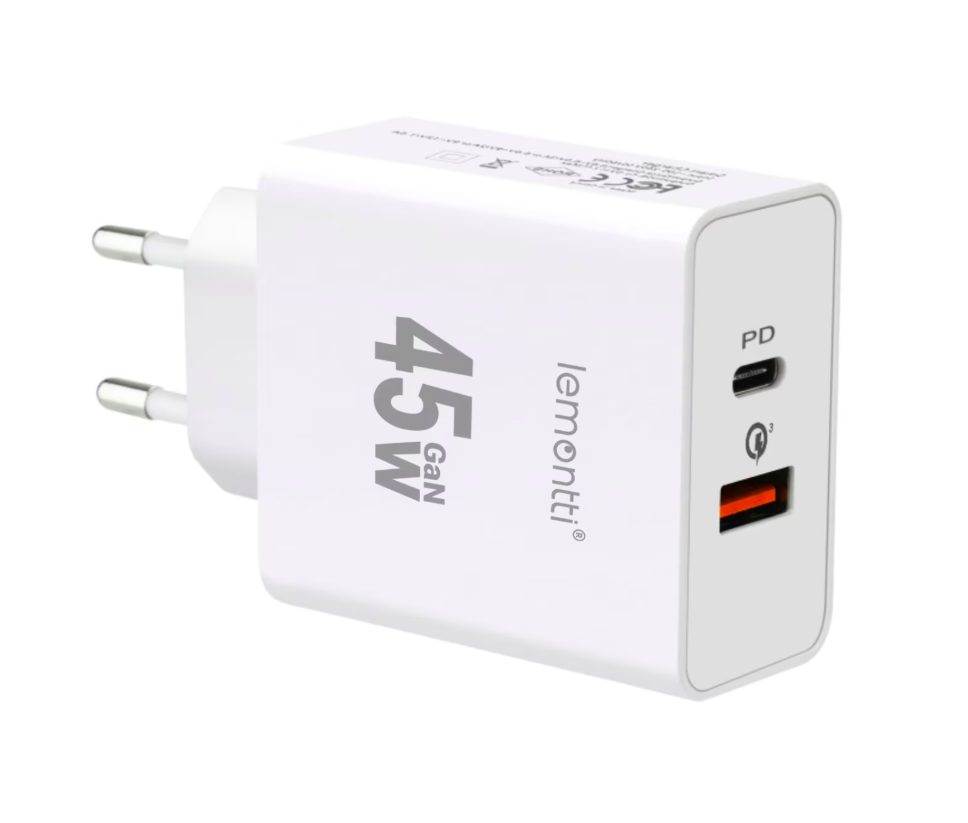 Lemontti Incarcator Retea GaN Fast Charge 45W 1 x PD Type-C + 1 x USB-A Quick Charge 3.0 Alb