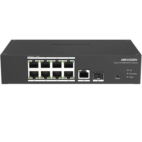 Switch 8 porturi PoE Hikvision DS-3T1310P-SI/HS prezinta 8 × 10/100 Mbps PoE port,1 × 1 Gbps RJ45