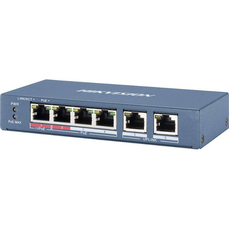 Switch 4 porturi PoE Hikvision DS-3E1106HP-EI 4 × 100 Mbps PoE RJ45 ports, 2 × 100 Mbps network