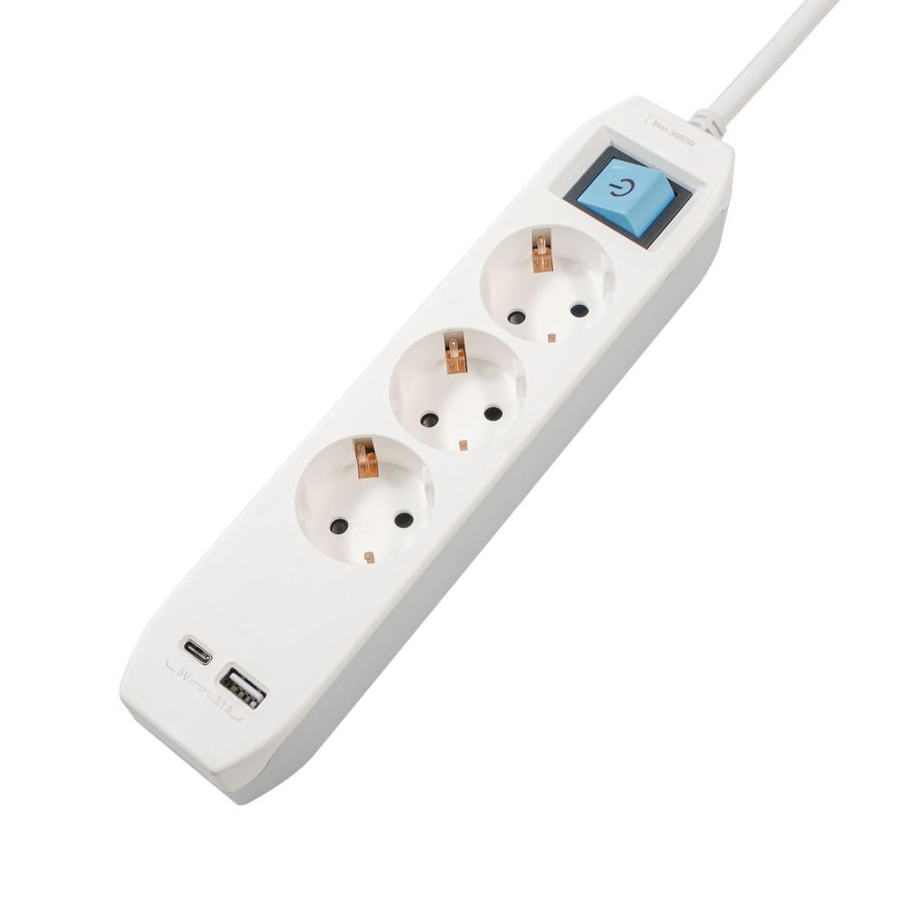 PRELUNGITOR SPACER, Schuko x 3, conectare prin Schuko (T),Type-C x1 (PP-3-45-TC-USB)
