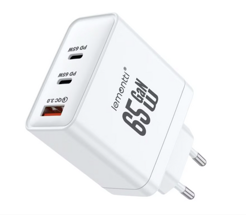 Lemontti Incarcator Retea GaN 2x Type-C si 1x USB-A, 65W, Fast Charge
